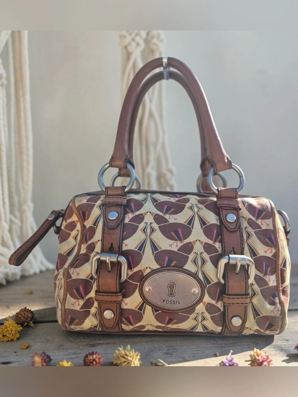 Fossil Maddox Satchel distinctive bird print pattern and brown leather trim